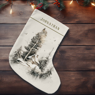 Rustic Watercolor Winter Country Cabin  Large Christmas Stocking