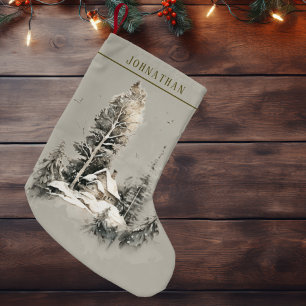 Rustic Watercolor Winter Country Cabin  Small Christmas Stocking