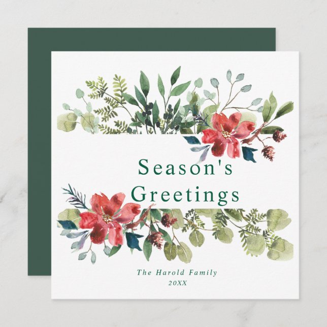 Rustic Watercolor Winter Greenery with Red Flowers Holiday Card (Front/Back)