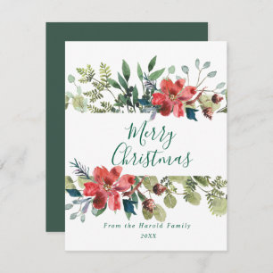 Rustic Watercolor Winter Greenery with Red Flowers Holiday Card