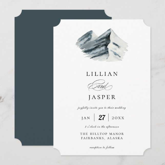 Rustic Watercolor Winter Mountain Wedding Invitation (Front/Back)