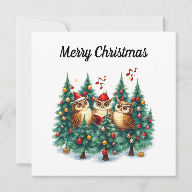 Rustic Watercolor Winter Pine Trees Caroling  Holiday Card (Front)
