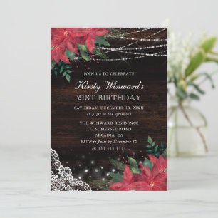 Rustic Watercolor Winter Poinsettia 21st Birthday Invitation