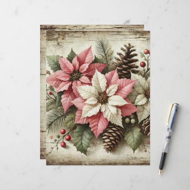 Rustic Watercolor Winter Poinsettia Paper (Front/Back In Situ)