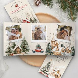 Rustic Watercolor Winter Village 4 Photo Christmas Tri-Fold Holiday Card