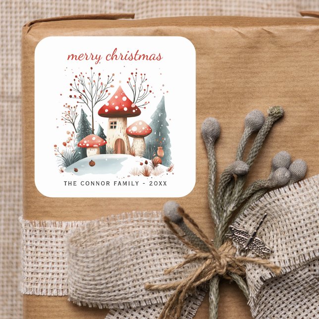 Rustic Watercolor Winter Woodland Merry Christmas Square Sticker (Creator Uploaded)