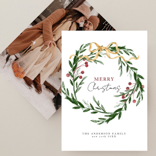 Rustic Watercolor Winter Wreath Christmas Photo Holiday Card (Creator Uploaded)