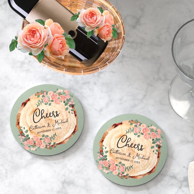 Rustic Watercolor Wood Slice Sage Green  Round Paper Coaster (Creator Uploaded)