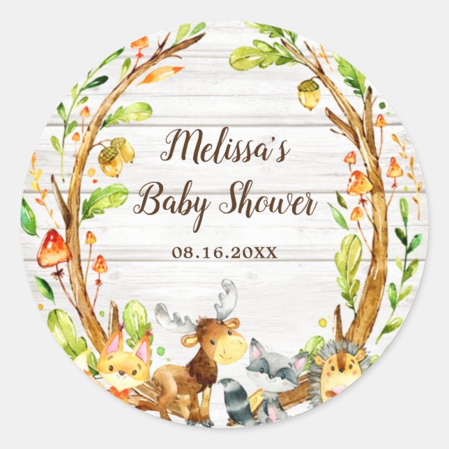 Rustic Watercolor Woodland Animals Baby Shower Classic Round Sticker (Front)