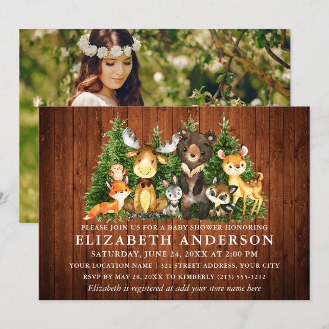 Rustic Watercolor Woodland Animals Shower Photo Invitation (Front/Back)