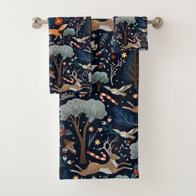 Rustic Watercolor Woodland Animals Trees Christmas Bath Towel Set (Insitu)
