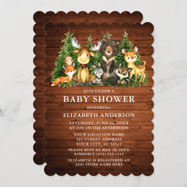 Rustic Watercolor Woodland Animals Wood Shower Invitation (Front/Back)