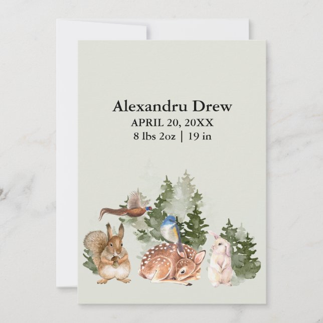 Rustic Watercolor Woodland Birth Announcement (Front)