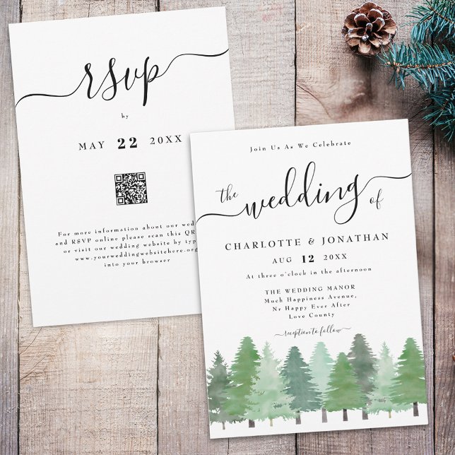 Rustic Watercolor Woodland Forest Wedding QR Code Invitation (Modern watercolor Woodland forest rustic wedding qr code rsvp invitation elegant script )