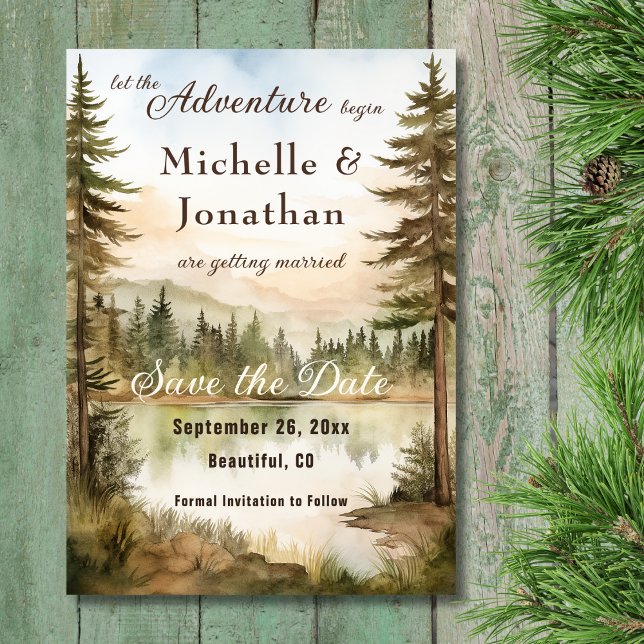 Rustic Watercolor Woodland Lake Adventure Wedding  Save The Date (Front - Rustic Watercolor Woodland Lake Adventure Wedding Save The Date)