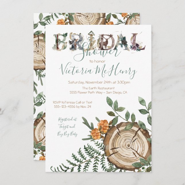 Rustic Watercolor woodland log Bridal Shower Invitation (Front/Back)
