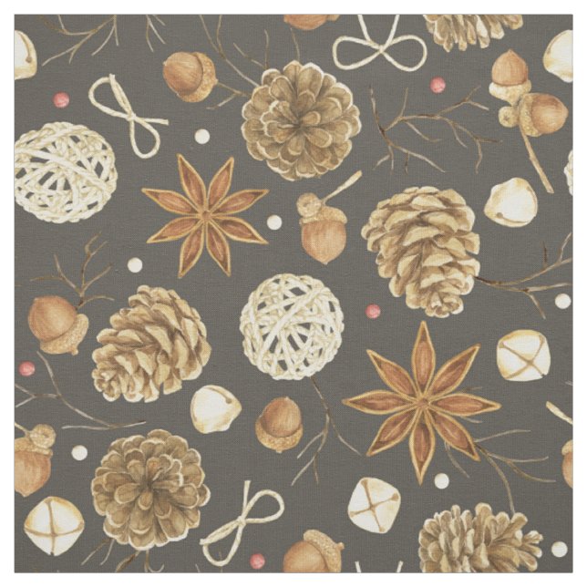 Rustic Watercolor Woodland Pine Cones Fall Fabric (Swatch)
