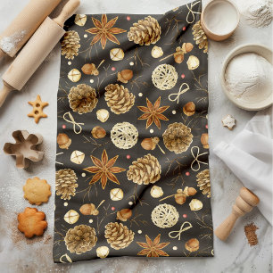 Rustic Watercolor Woodland Pine Cones Fall Tea Towel