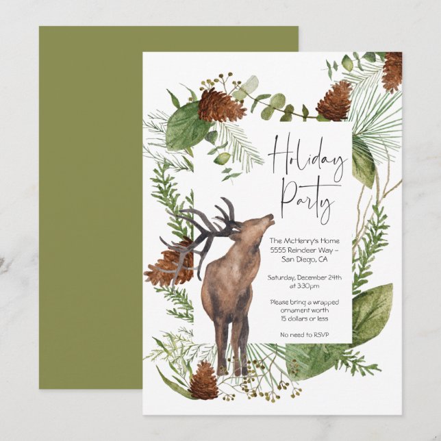 Rustic Watercolor Woodland Reindeer Holiday Party Invitation (Front/Back)