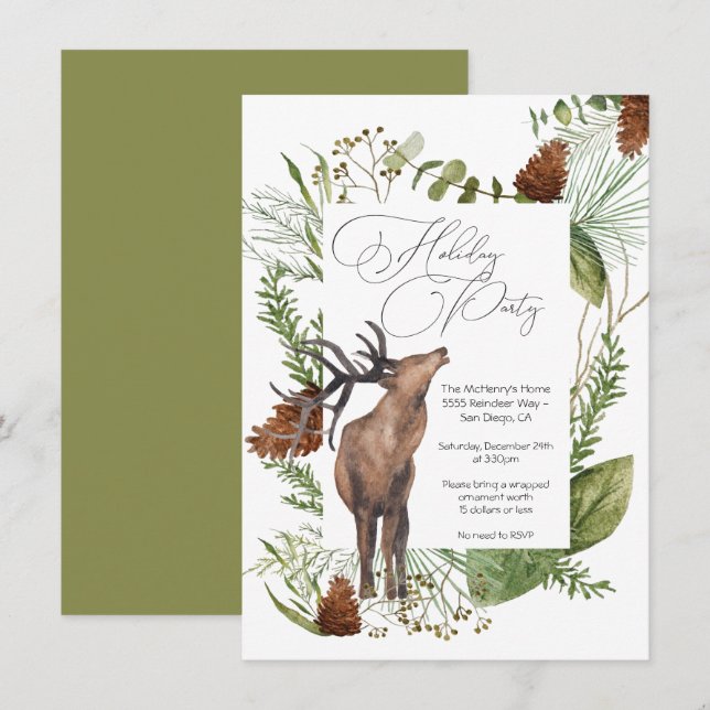 Rustic Watercolor Woodland Reindeer Holiday Party Invitation (Front/Back)