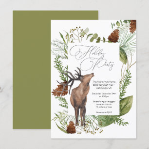 Rustic Watercolor Woodland Reindeer Holiday Party Invitation