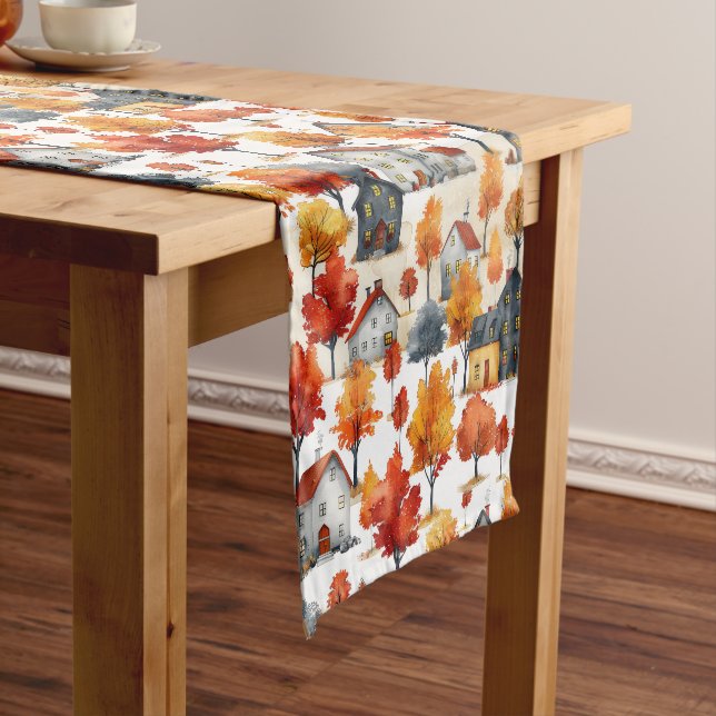 Rustic Watercolor woodland Village Pattern Short Table Runner (In Situ)
