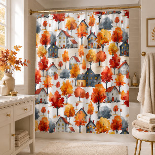Rustic Watercolor woodland Village Pattern Shower Curtain
