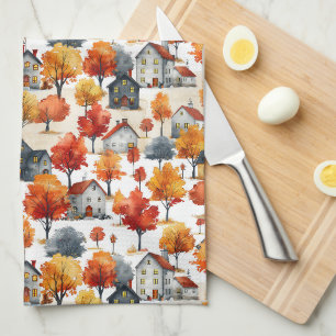 Rustic Watercolor woodland Village Pattern Tea Towel