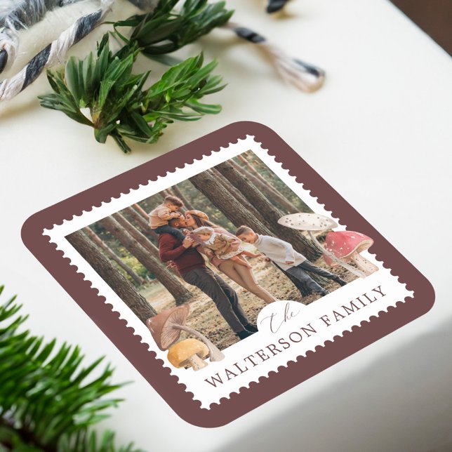 Rustic Watercolor Woodsy Mushrooms Photo Stamp Square Sticker (Rustic Watercolor Woodsy Mushrooms Photo Stamp Square Sticker)