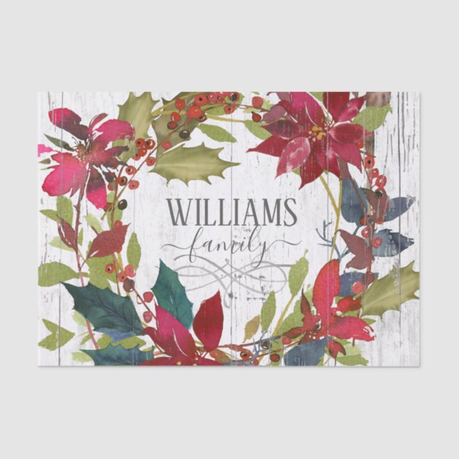 Rustic Watercolor Wreath Floral Poinsettia Name Tissue Paper (Front)