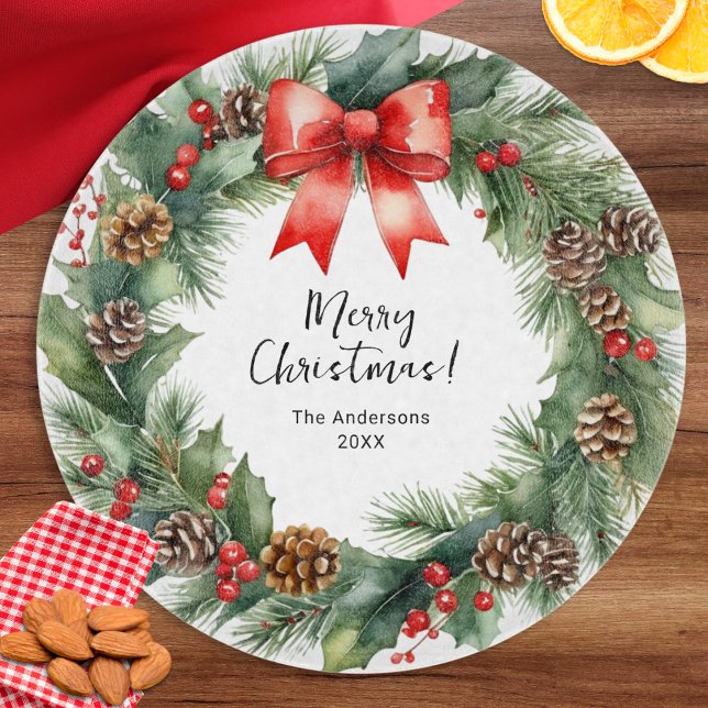 Rustic Watercolor Wreath Merry Christmas Cutting Board (A stylish cutting board with festive Christmas wreath design, personalized with a name and the year)