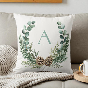 Rustic Watercolor Wreath Personalized Christmas Cushion