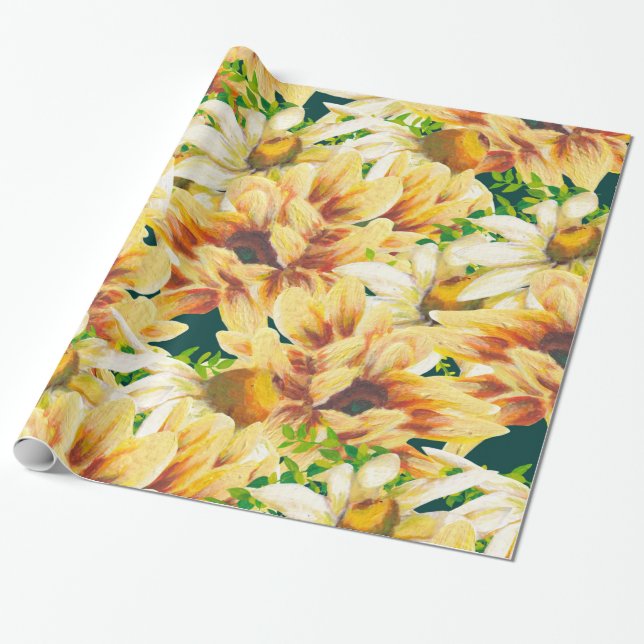 Rustic Watercolor Yellow and Green Sunflower Wrapping Paper (Unrolled)