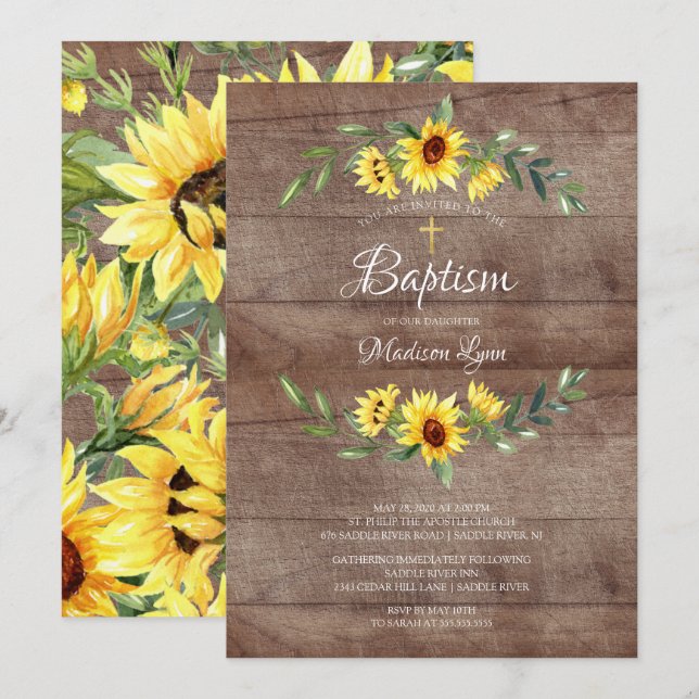 Rustic Watercolor Yellow Sunflowers Baptism Invitation (Front/Back)