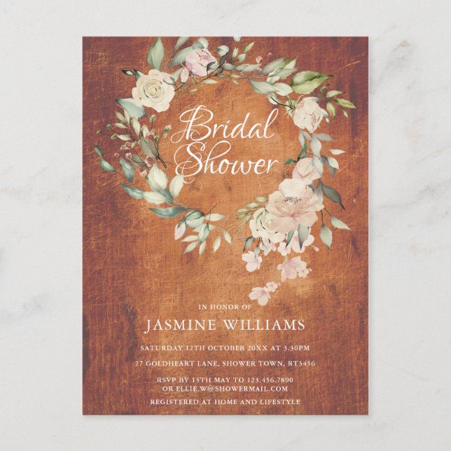 Rustic Watercolour Floral Script Bridal Shower Announcement Postcard (Front)