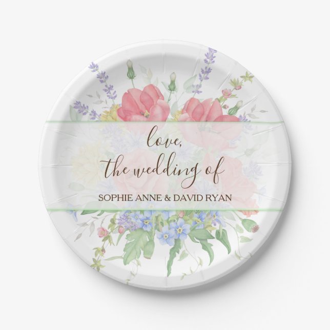 Rustic Watercolour Meadow Wild Flowers Wedding Paper Plate (Front)