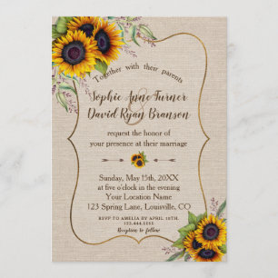 Rustic Watercolour Sunflowers Linen Canvas Wedding Invitation