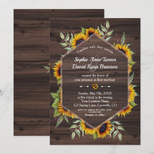 Rustic Watercolour Sunflowers Wood Wedding Invitation