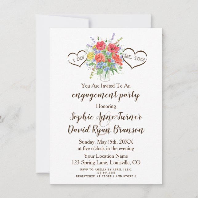 Rustic Watercolour Wild Flowers Hearts Engagement Invitation (Front)