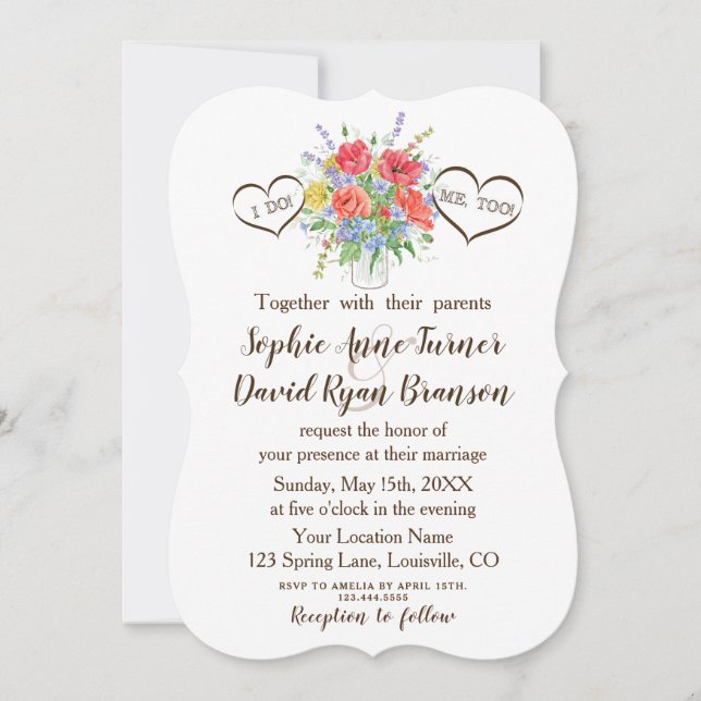 Rustic Watercolour Wild Flowers Hearts Wedding Invitation (Front)