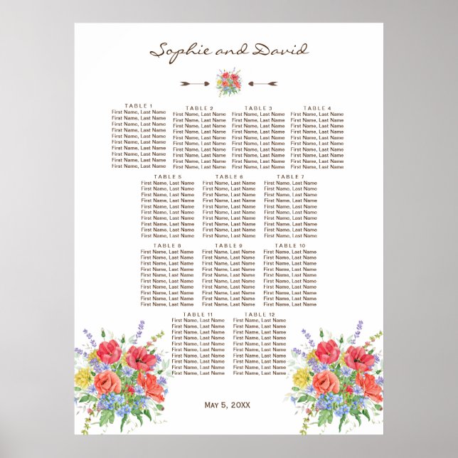 Rustic Watercolour Wild Flowers Seating Chart 120 (Front)