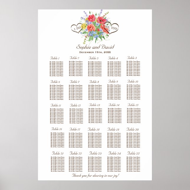 Rustic Watercolour Wild Flowers Seating Chart 250 (Front)