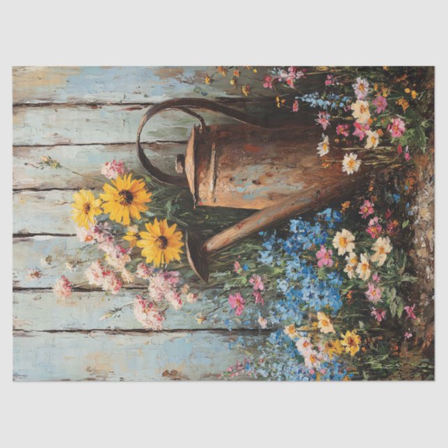 Rustic Watering Can Wildflowers Painting Decoupage Tissue Paper (Front)