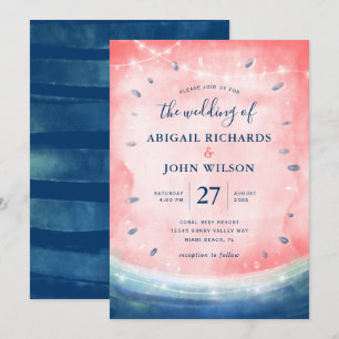 Rustic Watermelon Navy Pink Elegant Summer Wedding Invitation