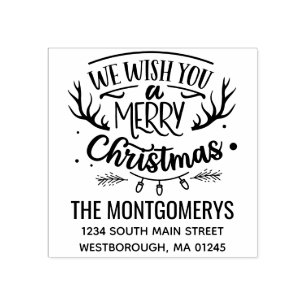 Rustic We Wish You Merry Christmas Return Address Rubber Stamp
