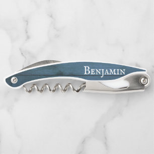 Rustic Weathered Blue Wood Personalised  Corkscrew