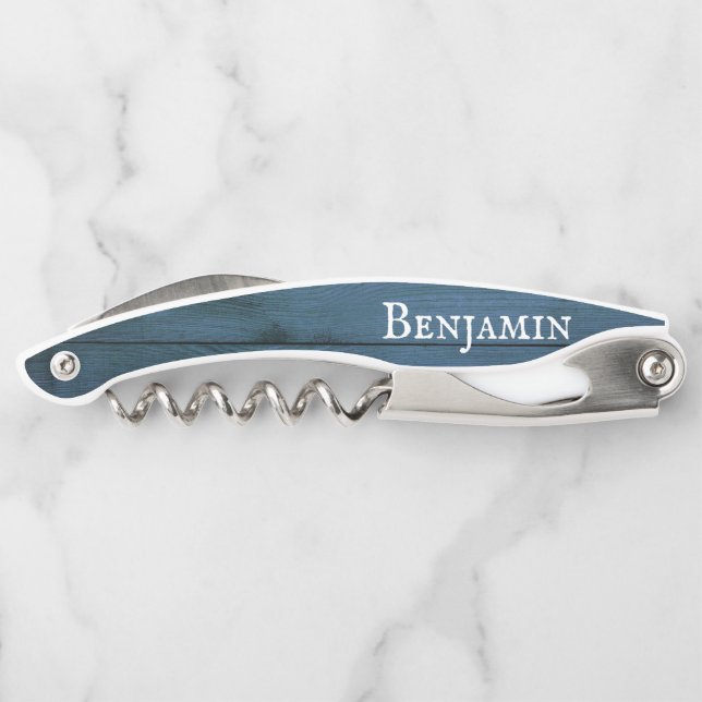 Rustic Weathered Blue Wood Personalised  Corkscrew (Back)