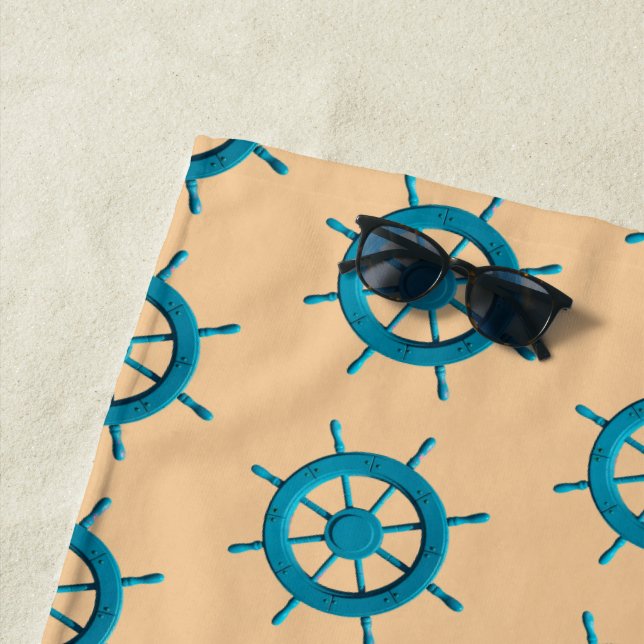 Rustic Weathered Boat Steering Wheel Photo Image Beach Towel (In Situ)