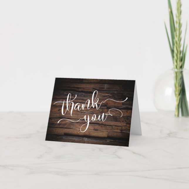 Rustic Weathered Brown Wood Typography Wedding Thank You Card (Front)