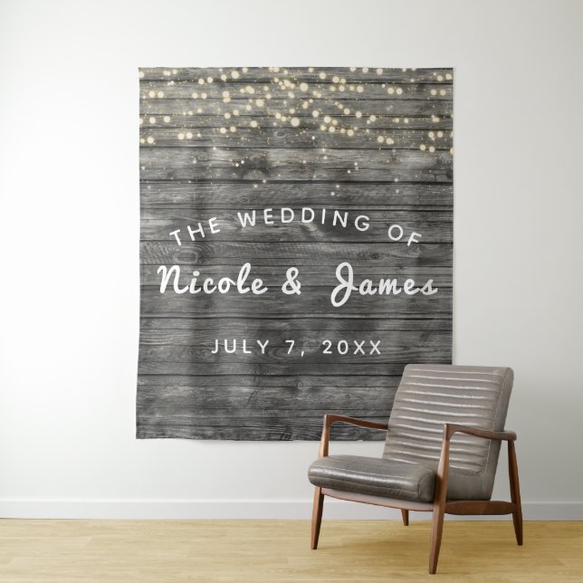 Rustic Weathered Grey Wood String Lights Wedding Tapestry (In Situ)